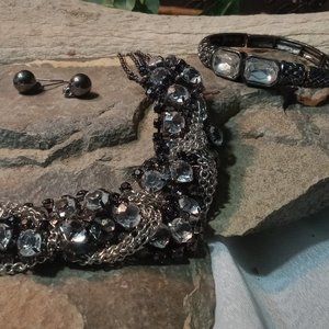 Braided Silvery Chain & Black Glass Beaded Statement Neclace / Dangle Earrings /